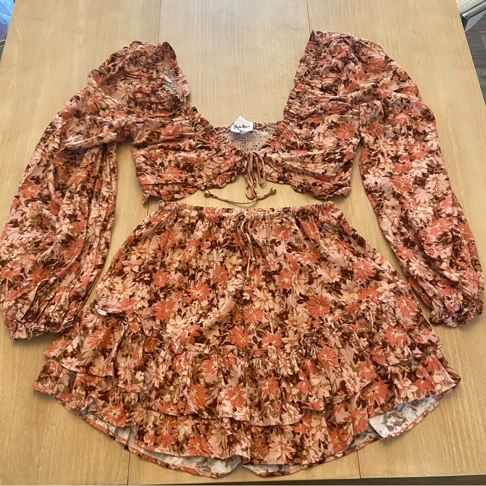 Floral Long Sleeve Crop Top and Skirt Set